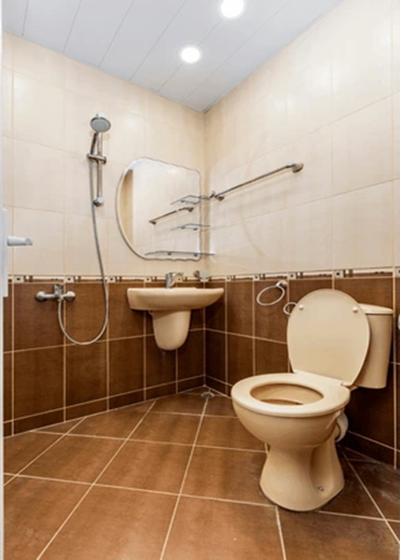 Before: cramped dark bathroom layout before Kohler renovation at Koncept Bath N Decor Chennai project