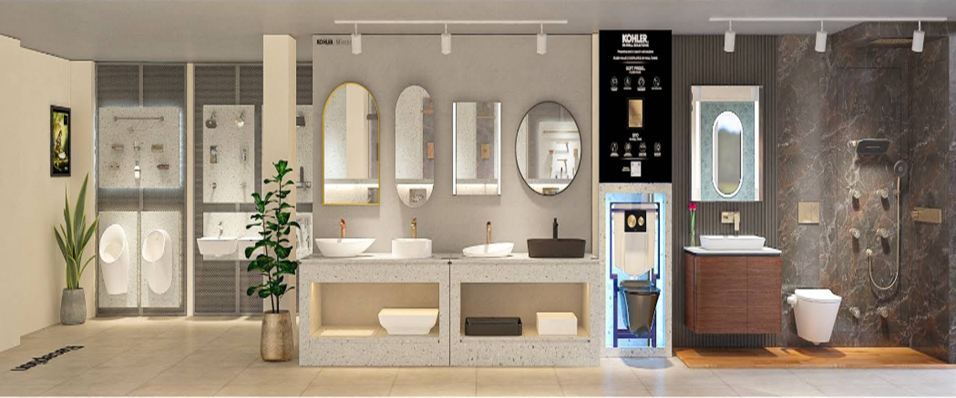 Premium Kohler bathroom products displayed at Koncept Bath N Decor George Town Chennai showroom