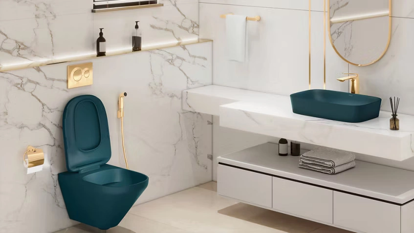 Premium Kohler bathroom installation in a Tamil Nadu villa with wall hung WC Vitality LED mirror and Avid basin faucet