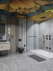 Modern Kohler matte black shower installation in a Chennai residential project — wall hung WC EvoFit concealed cistern and Anthem shower